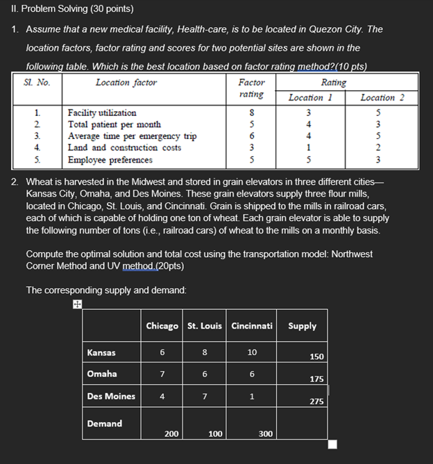 II. Problem Solving (30 points) 1. Assume that a