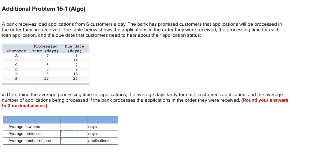 Additional Problem 16-1 (Algo) A bank receives