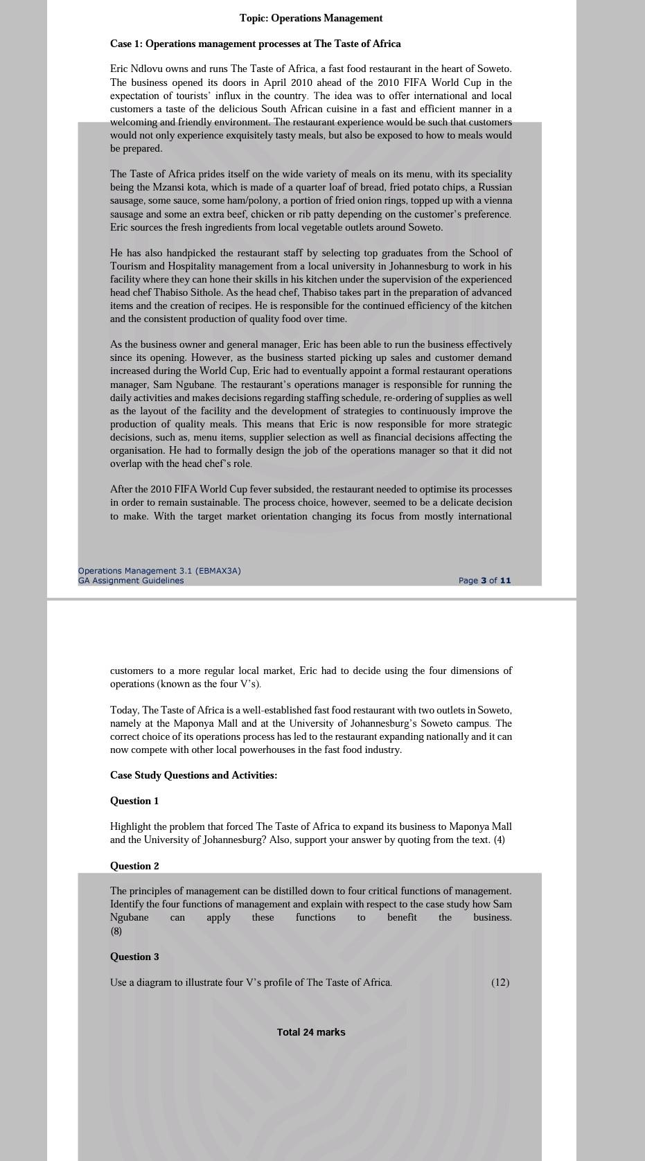 Topic: Operations Management Case 1: Operations