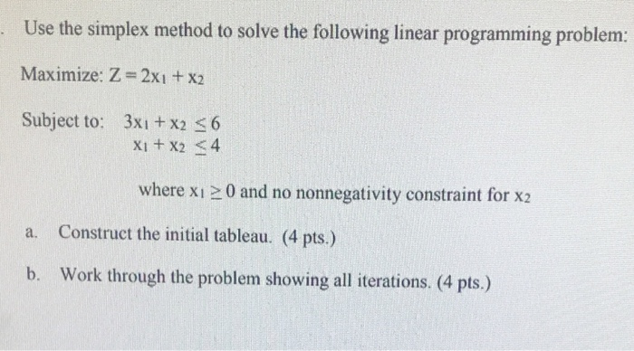 Use the simplex method to solve the following
