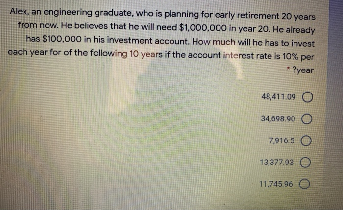 Alex, an engineering graduate, who is planning