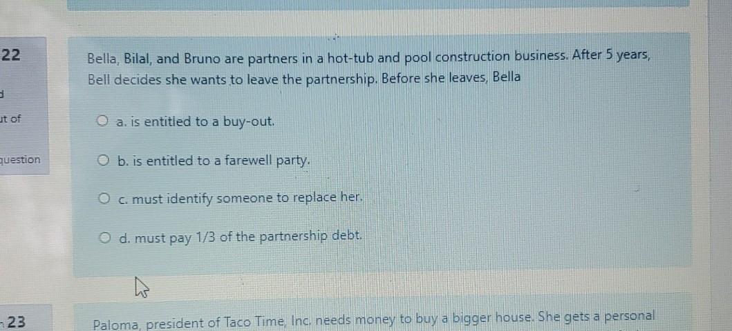 22 Bella, Bilal, and Bruno are partners in a