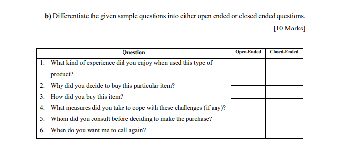 b) Differentiate the given sample questions into