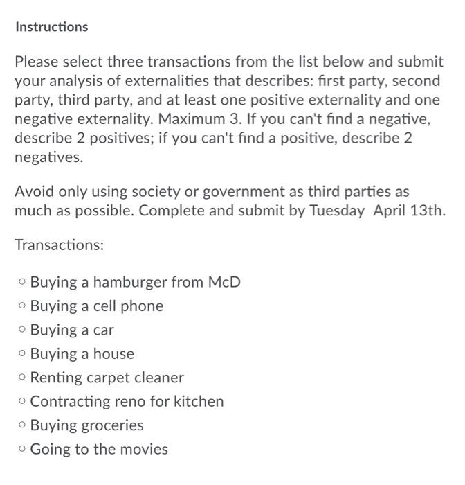 Instructions Please select three transactions