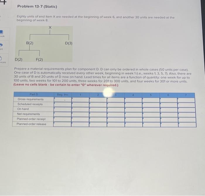 Problem 13-7 (Static) Eighty units of end item X