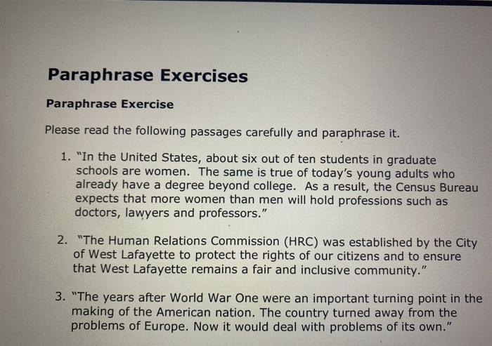 Paraphrase Exercises Paraphrase Exercise Please