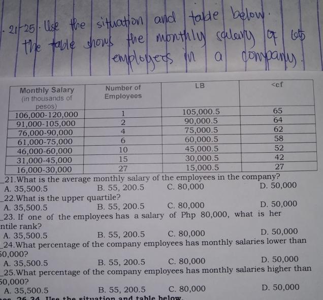 21-25. Use the situation, and table below. the