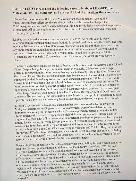 CASE STUDY: Please read the following case study