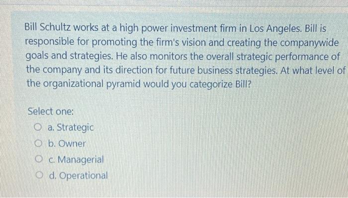 Bill Schultz works at a high power investment