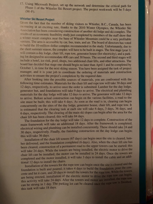 17. Using Microsoft Project, set up the network