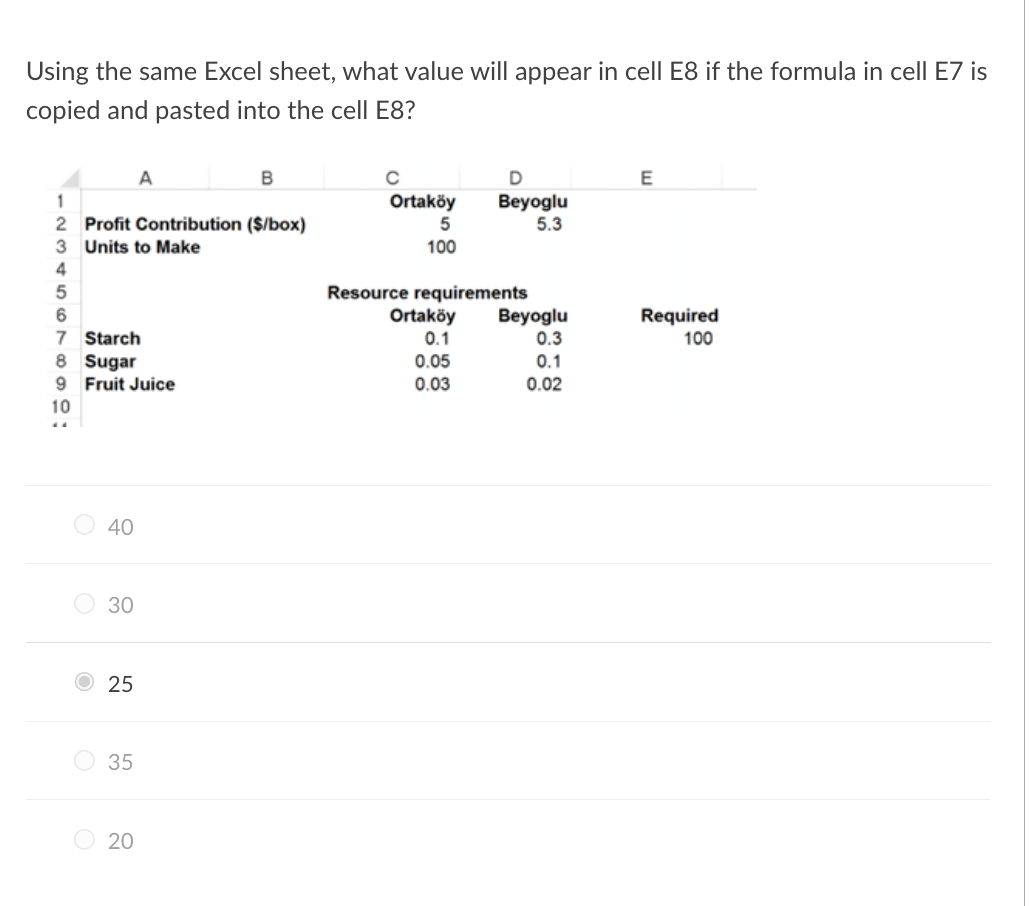 Using the same Excel sheet, what value will