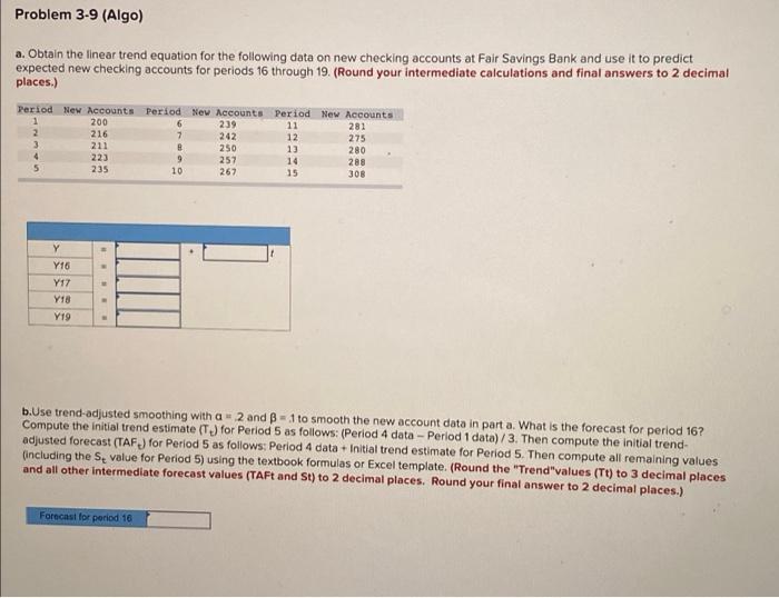 Problem 3-9 (Algo) a. Obtain the linear trend