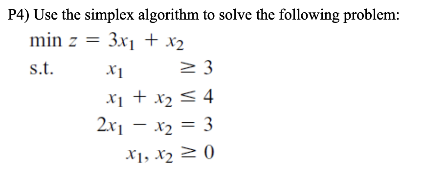 P4) Use the simplex algorithm to solve the