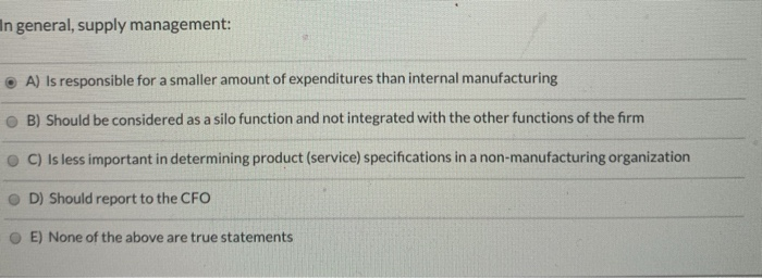 In general, supply management: A) Is responsible