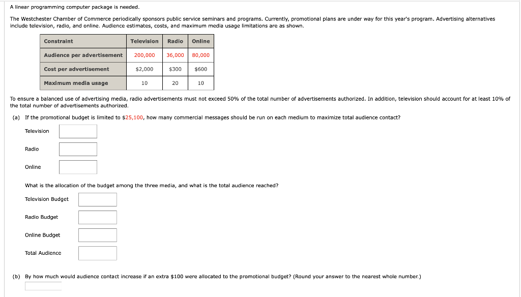 A linear programming computer package is needed.