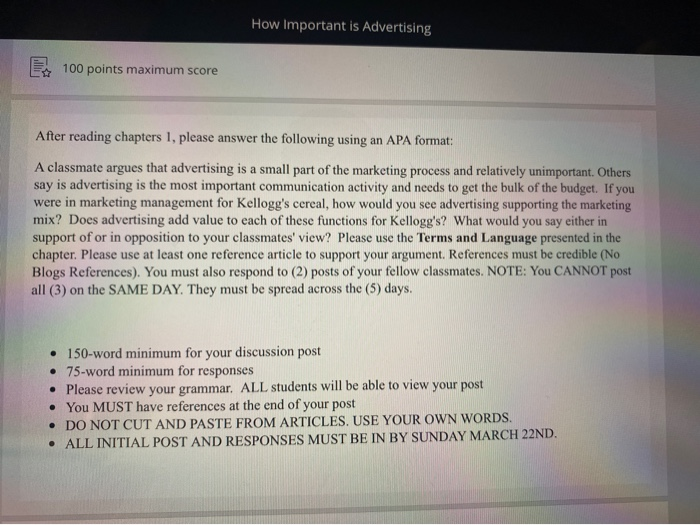 How Important is Advertising 100 points maximum