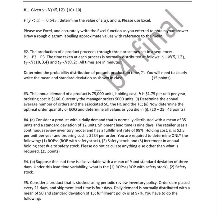 #1. Given y-N(45,12) (10+ 10) P(y