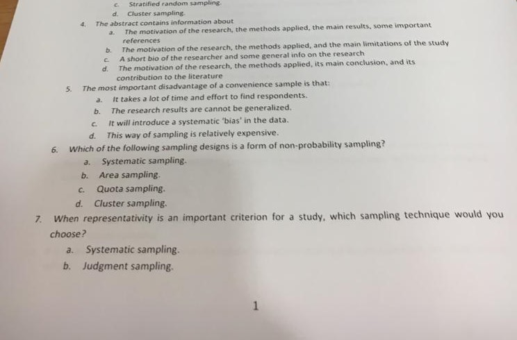 Stratified random sampling d. Cluster sampling 4.
