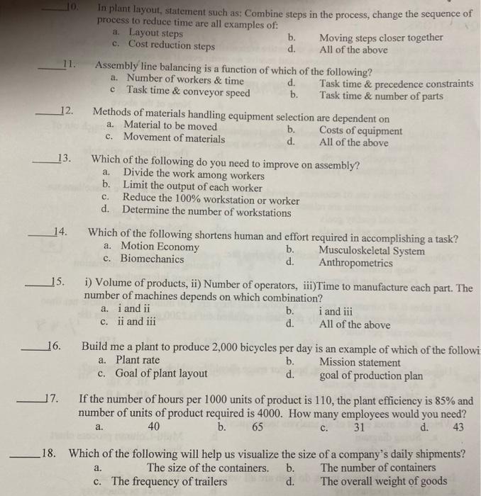 pls answer now 11. 12. 13. In plant layout,