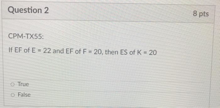Question 2 8 pts CPM-TX55: If EF of E = 22 and EF
