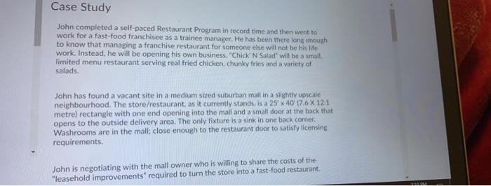 Case Study John completed a self-paced Restaurant