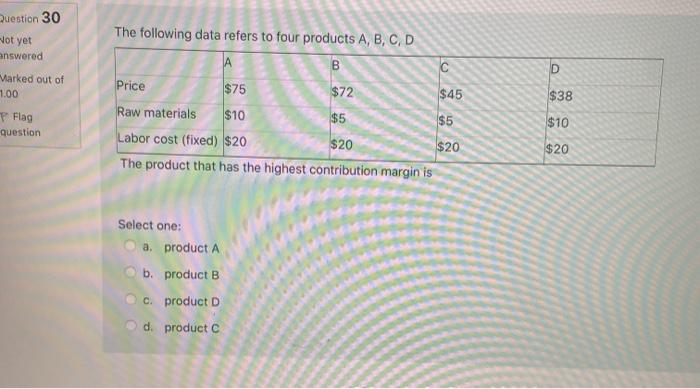 Question 30 lot yet answered D Varked out of 1.00