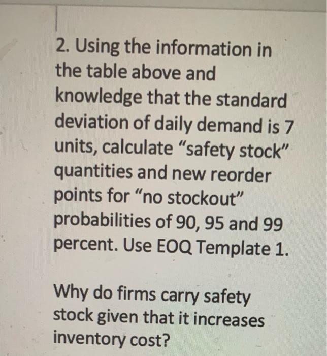 2. Using the information in the table above and