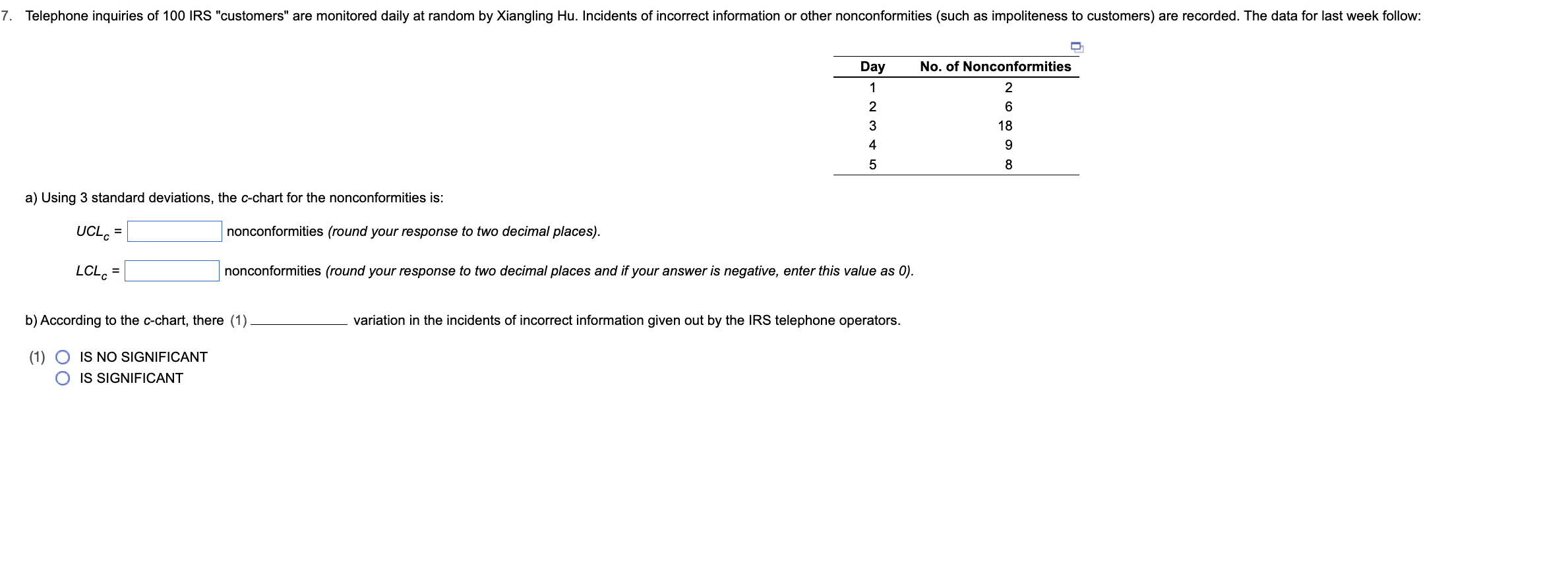 a) Using 3 standard deviations, the c-chart for