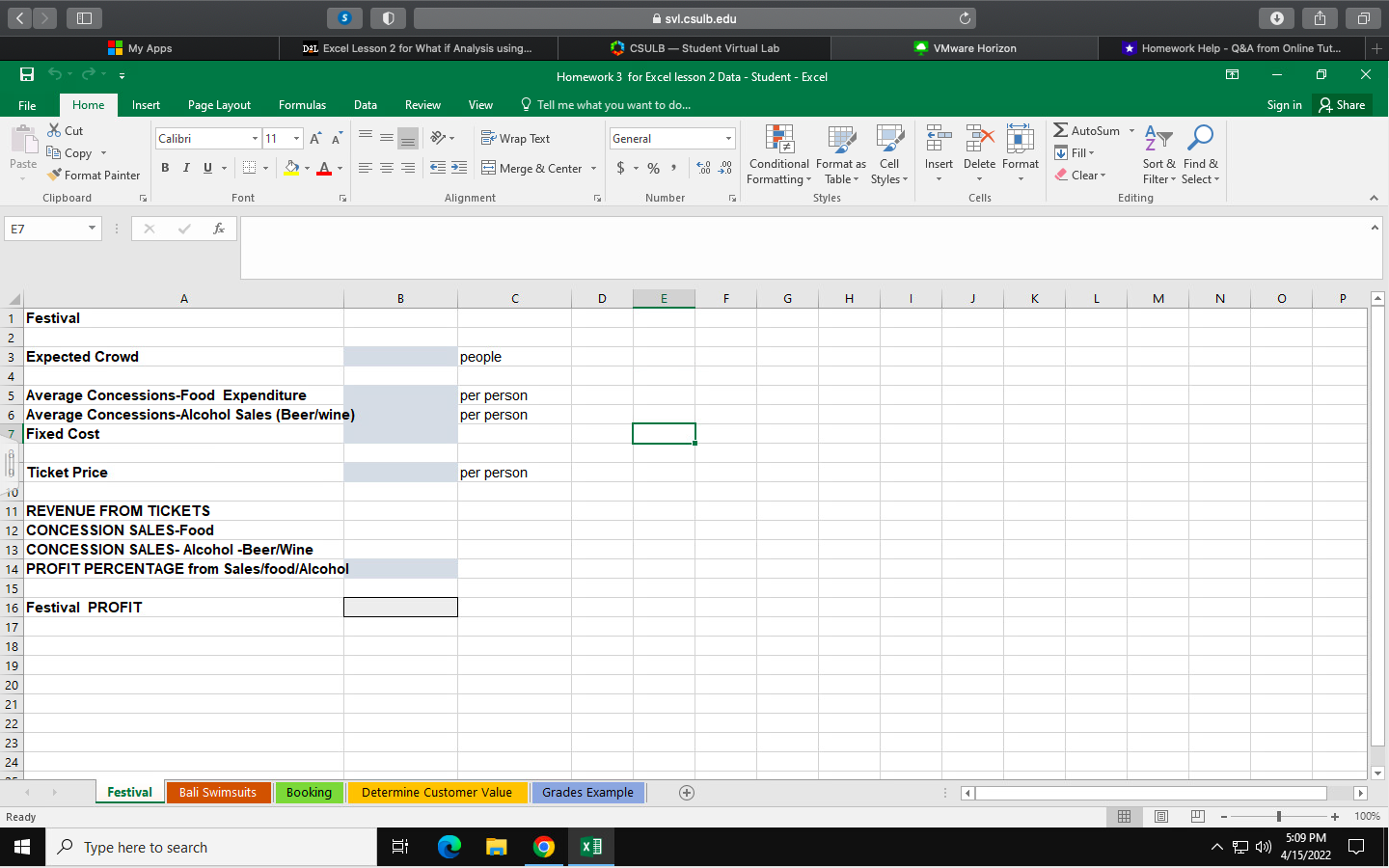 2. Use the worksheet Festival in the Excel file.