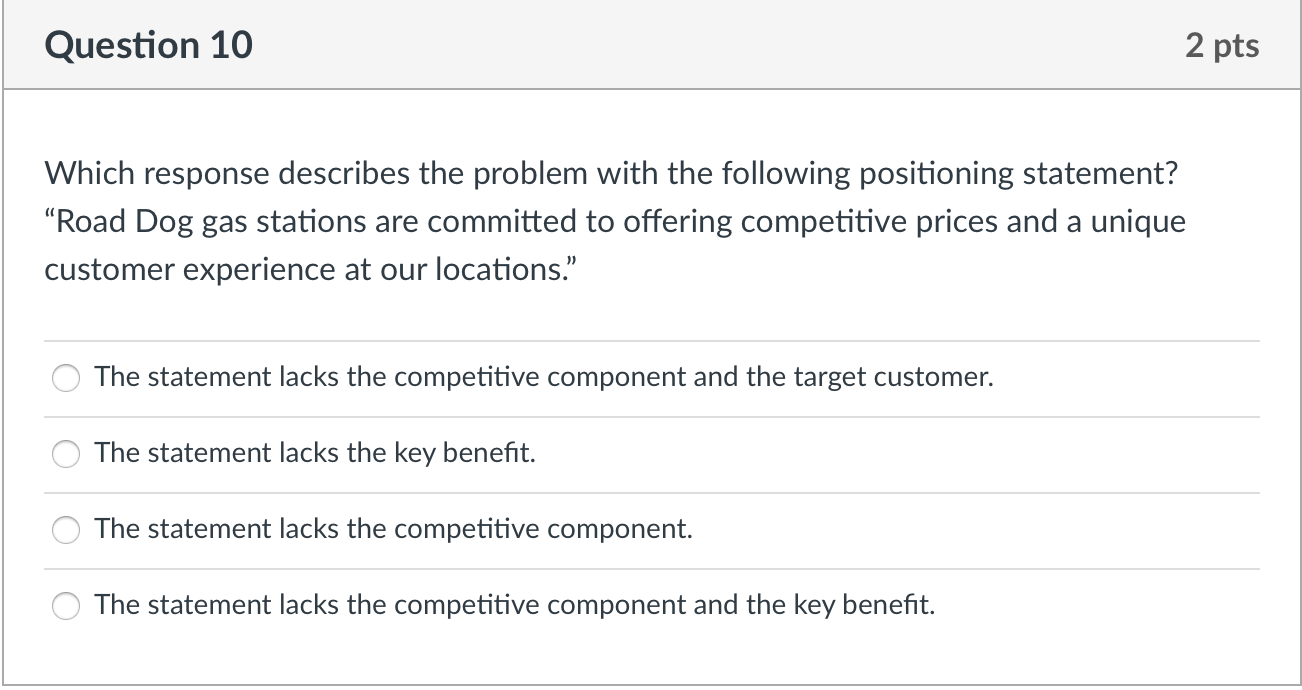Question 10 2 pts Which response describes the
