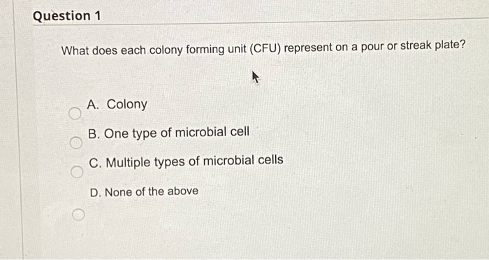 1. 2. 3. Question 1 What does each colony forming