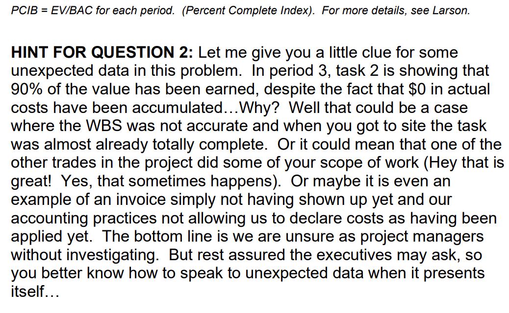 Question 2 Earned Value Analysis Please note
