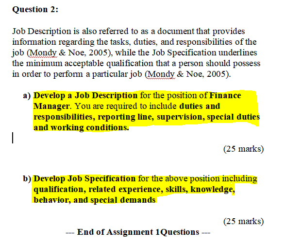 human resource assignment Question 2: Job