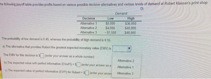 The following payoff table provides profits based