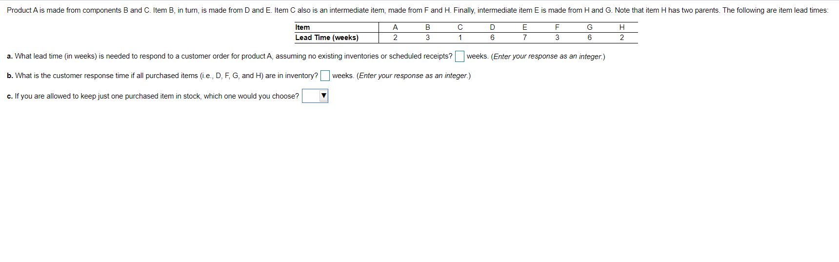 Product A is made from components B and C. Item