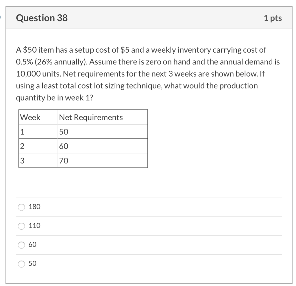 Question 38 1 pts A $50 item has a setup cost of