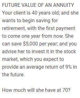 FUTURE VALUE OF AN ANNUITY Your client is 40