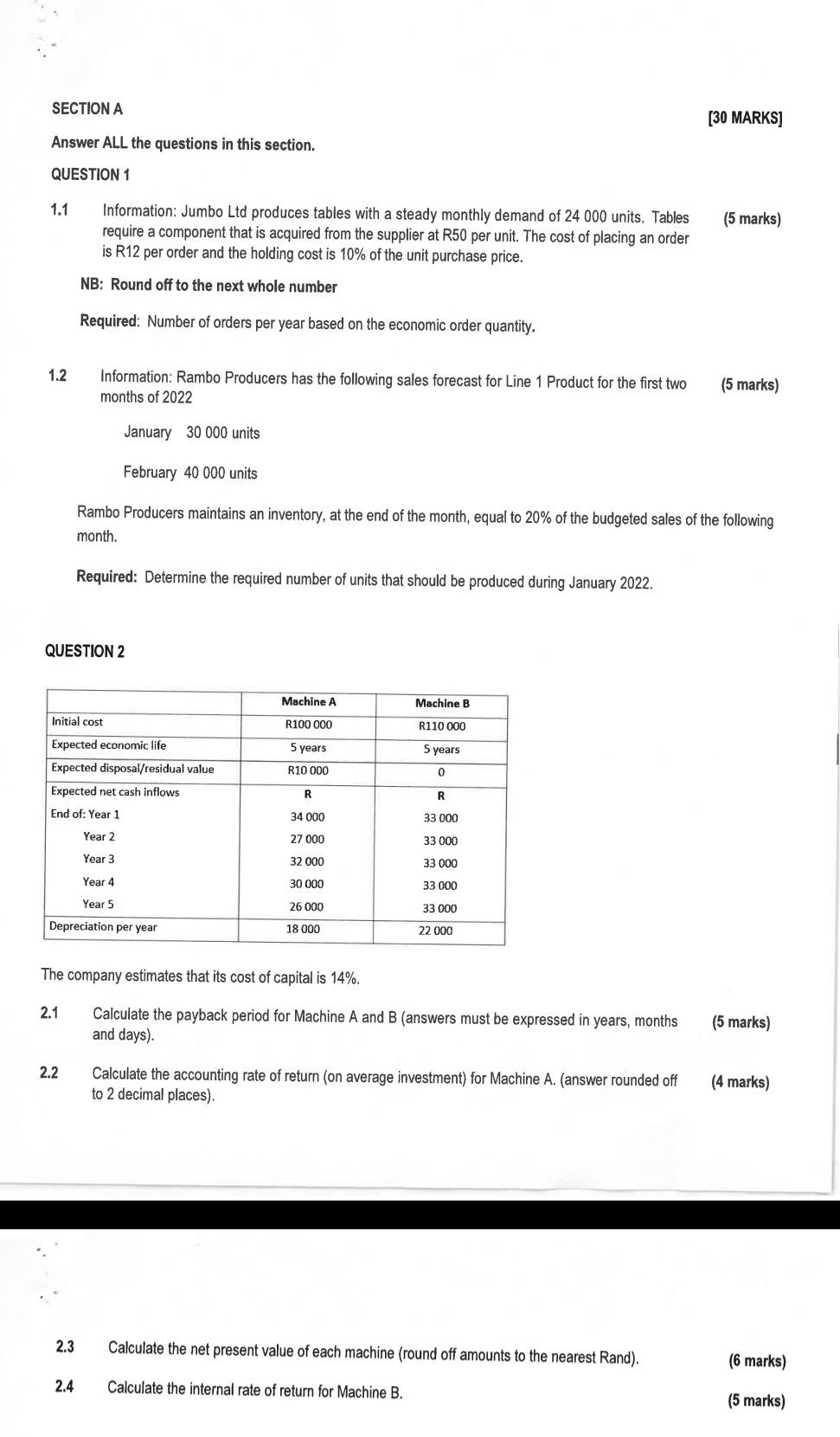 Calculate 2.4 and 1.2 SECTION A [30 MARKS] Answer