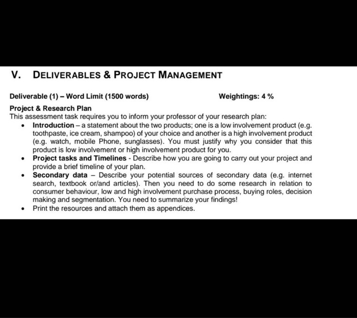 V. DELIVERABLES & PROJECT MANAGEMENT Deliverable