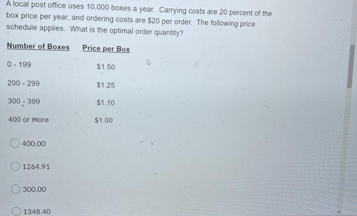 A local post office uses 10,000 boxes a year.