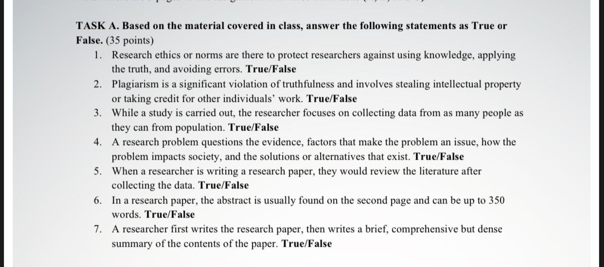 TASK A. Based on the material covered in class,