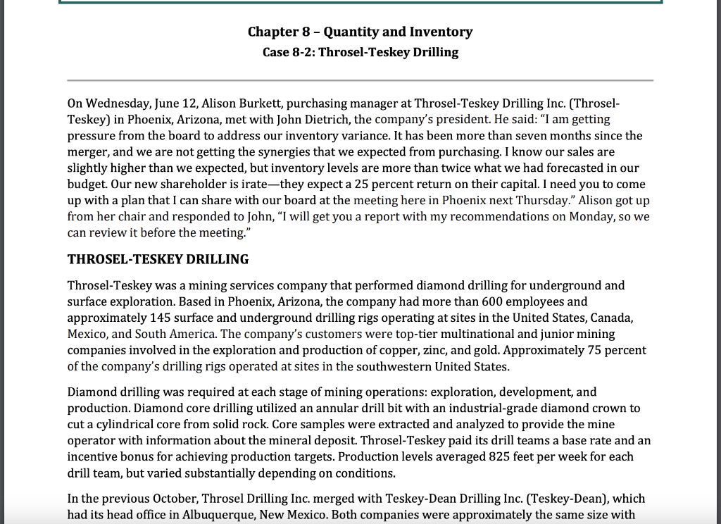 Chapter 8 - Quantity and Inventory Case 8-2: