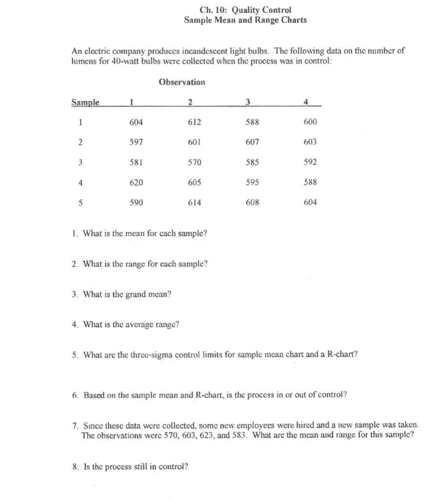 Ch. 10: Quality Control Sample Mean and Range