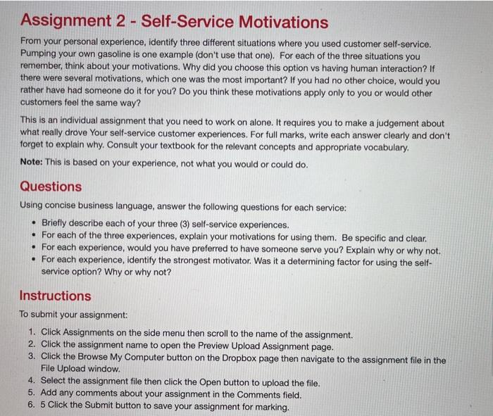Assignment 2 - Self-Service Motivations From your