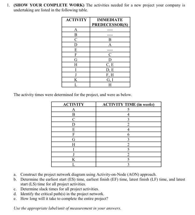 1. (SHOW YOUR COMPLETE WORK) The activities