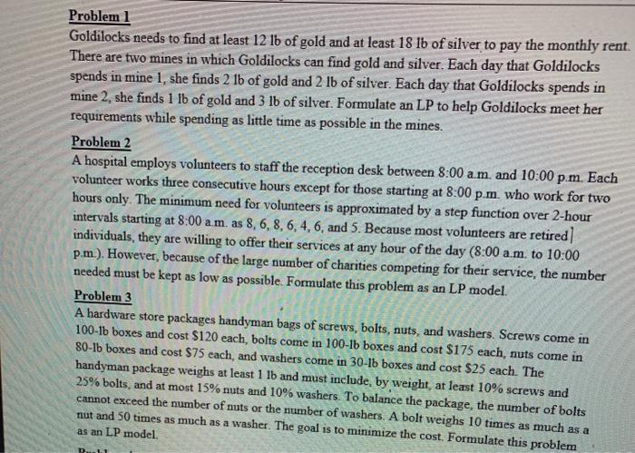 please provide excel solver Problem 1 Goldilocks