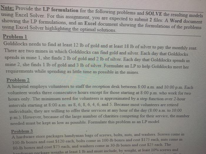 please provide excel solver Problem 1 Goldilocks