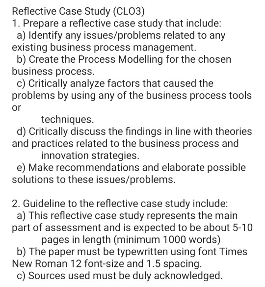 Answer all parts. Reflective Case Study (CLO3) 1.