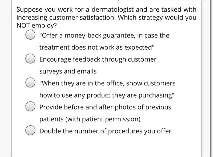 Suppose you work for a dermatologist and are