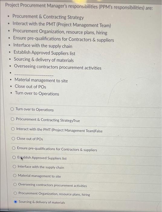 which of selection? Project Procurement Manager's